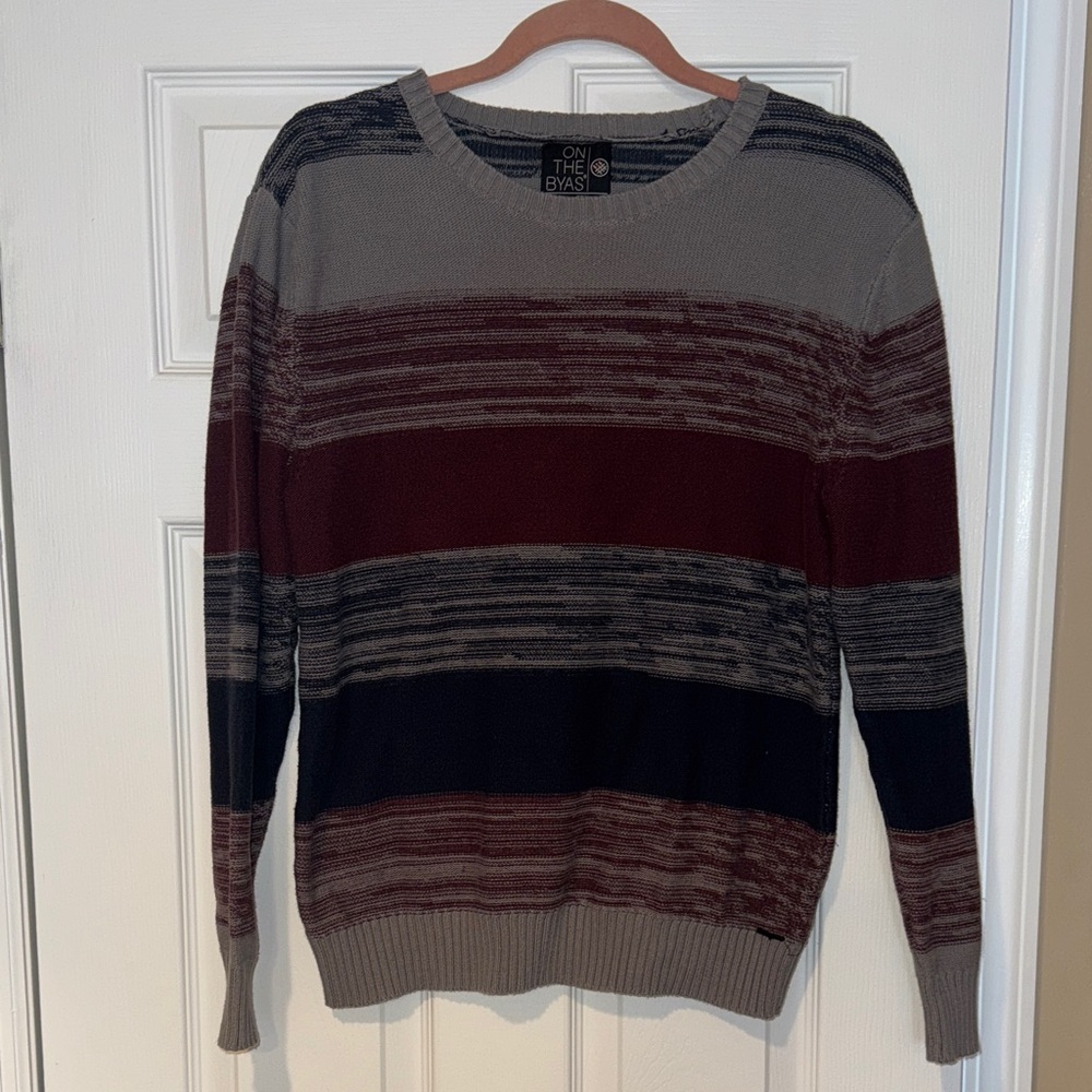 On The Byas gray navy and maroon striped sweater